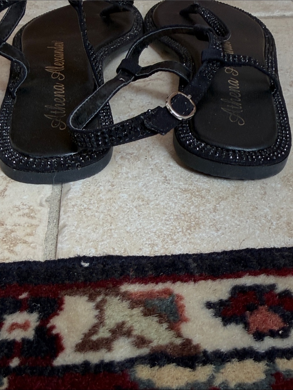 Athena Alexander Black Rhinestone T-Strap Flat Sandals - Picture 5 of 7